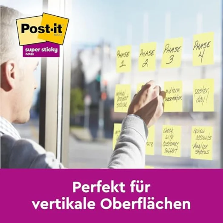 Post-it Super Sticky Haftnotizblock 654-12SYP, 76 x 76 mm, kanariengelb, 90 Blatt, haften auf nahezu allen Oberflächen – Bild 6