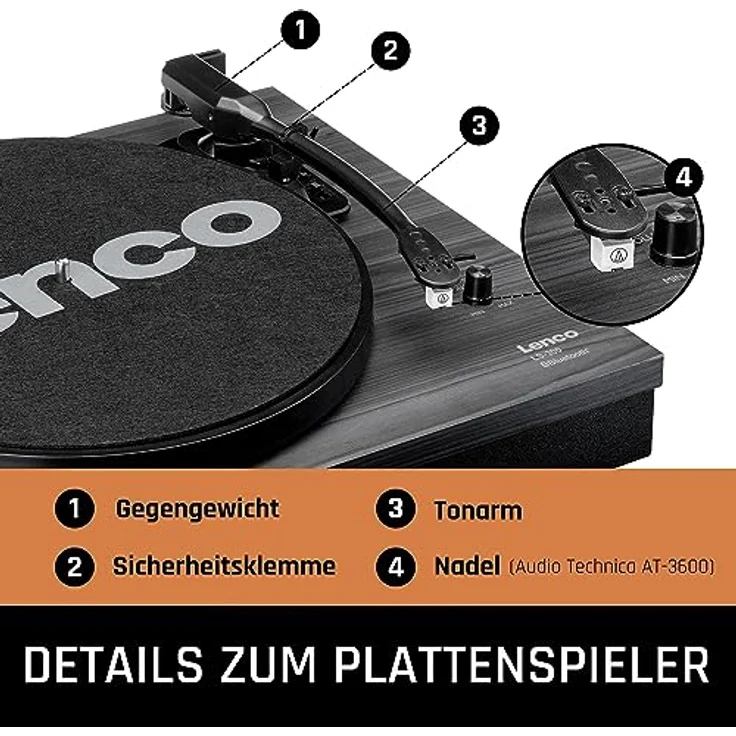 Lenco LS-300 - Hi-Fi Plattenspieler mit Bluetooth - Mit externen Lautsprechern 2 x 10 W RMS - Riemenantrieb - Auto-Stopp - MDF-Gehäuse - Schwarz – Bild 3