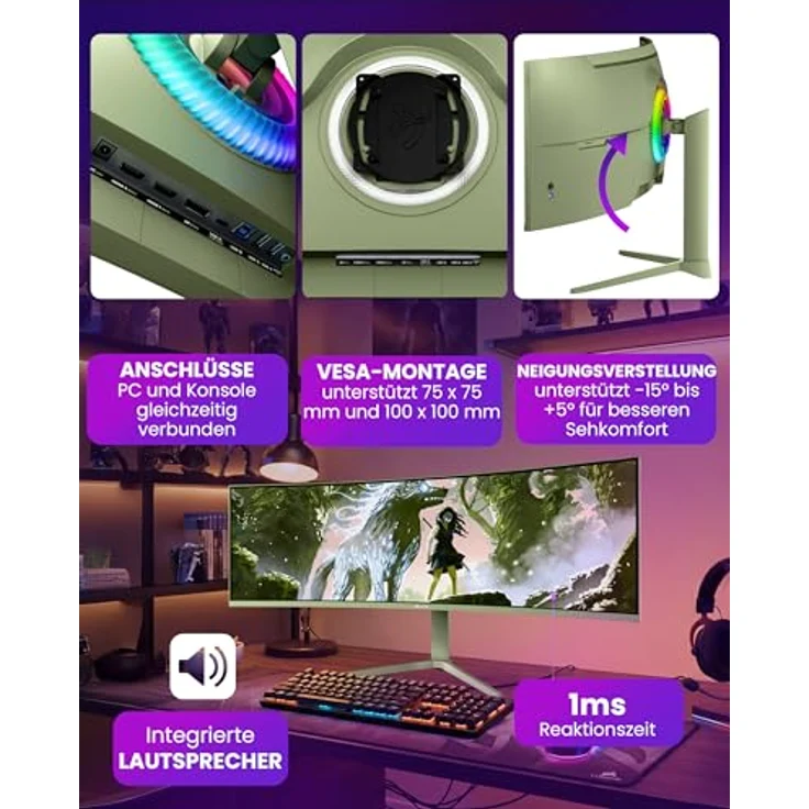 Arozzi Curved Gaming Monitor Nova 49“, VA 165Hz, Ultrawide QHD 1440p, Adaptive Sync, HDR10, 100% sRGB, flimmerfreies Display, Waldgrün – Bild 3