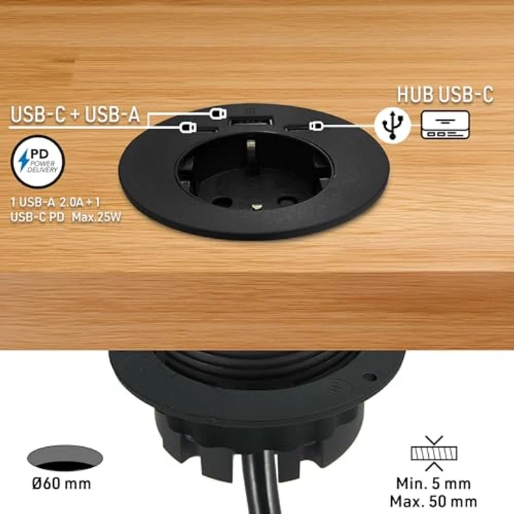 Electraline 62588 Schreibtisch-Steckdosenleiste, Einbausteckdose mit 1 Schuko-Buchse, 2 USB (1 USB Typ C + 1 USB Typ A), 25 W, 2 m Kabel, D60 mm, mit Multimedia-HUB-Funktion – Bild 2