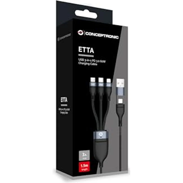 Conceptronic ETTA05B15, 3-in-1 USB-C/A Kabel mit 60W Leistung, 1,5m Länge, 480Mbps, schwarz – Bild 3