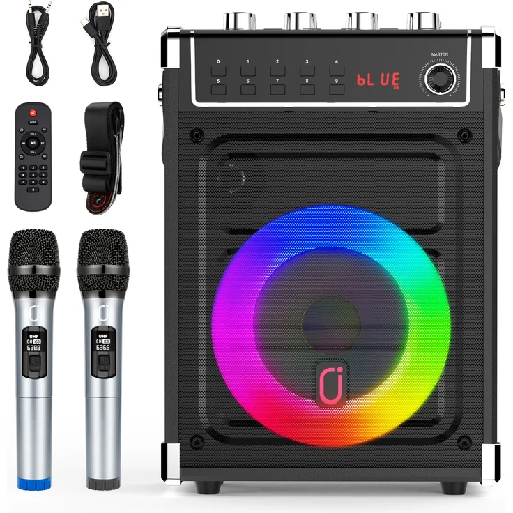 JYX Karaoke-Maschine 69-Black, tragbares PA-System mit kabellosem Lautsprecher, Bass-/Höhenregelung, TWS-Unterstützung, AUX-Eingang, FM-Radio und Aufnahmefunktion