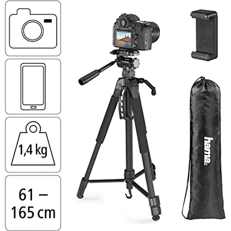 Hama Stativ Kamera "Action 165 3D" (Leichtes Fotostativ inkl. Handy-Halterung, Tripod mit 61-165cm Höhe, Dreibeinstativ mit 3-Wege-Kopf, Spiegelreflexkamera Stativ für Canon/Nikon/Sony) schwarz, leichtes Camera Tripod mit 3 Schaumstoffgriffen – Bild 2