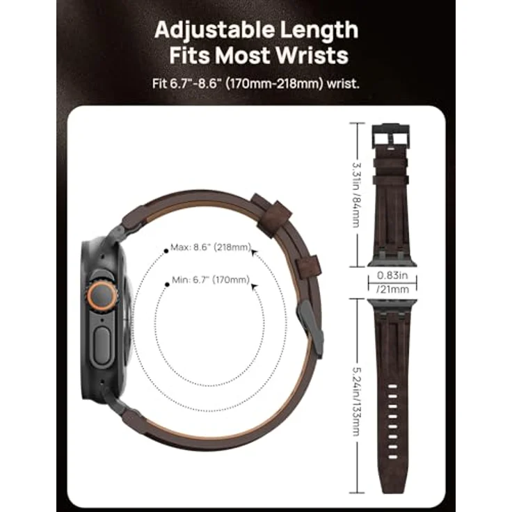 Astorgos Hochwertiges Leder Armband für Apple Watch Ultra, S11/S10, 9/8/7, SE3/SE2, 3/2/1, 49mm-42mm, Schwarz/Dunkelbraun, aus verrücktem Pferdeleder mit Metallverschluss – Bild 5