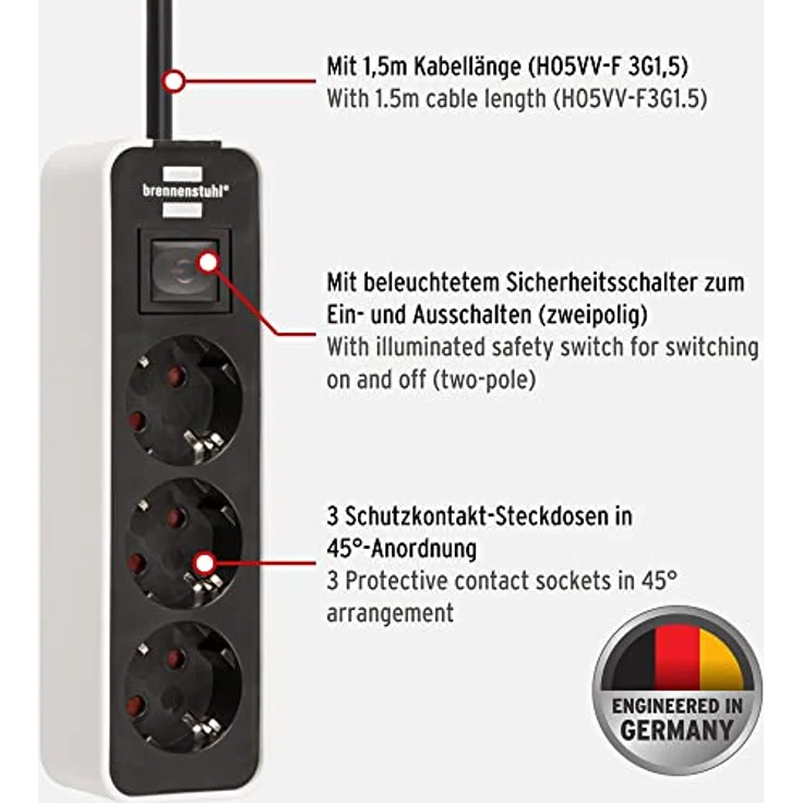 Brennenstuhl Ecolor Steckdosenleiste 3-fach (Steckerleiste mit Schalter und 1,5m Kabel) schwarz-weiß – Bild 2