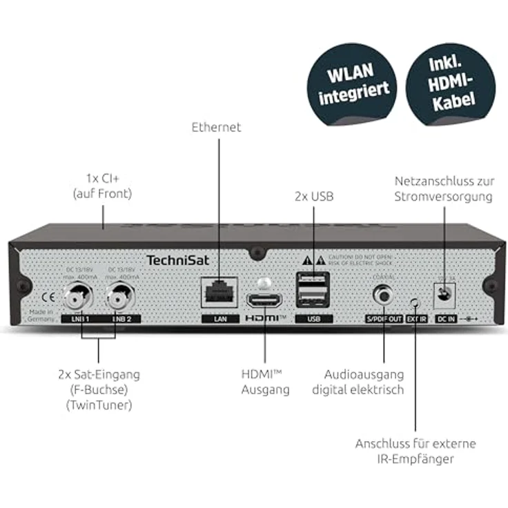 TechniSat DIGIPLUS UHD S2-4K Sat Receiver mit alphanumerischem Display und Twin Tuner (DVB-S/DVB-S2, HEVC, H.265, App Steuerung, PVR Aufnahmefunktion, WLAN, LAN, CI+, USB, OLED) schwarz – Bild 2