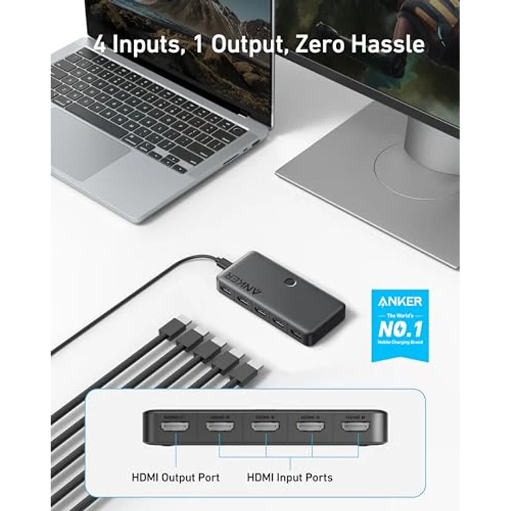 Anker HDMI-Switch, bidirektional, 4K bei 60 Hz, 4-in-1-Metall-Splitter mit LED-Anzeigen, unterstützt 3D, HDR, Dolby, DTS, kompatibel mit Xbox, PS5, Roku, TV Stick, Projektor usw. – Bild 2
