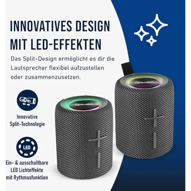Fontastic „Cora“ 2-in-1 Bluetooth Lautsprecher-Boxen, Mobile Musik-Box mit LED-Licht, IPX5 Portable Speaker mit AUX & Micro-SD, 2X 10 Watt, Tragbare Sound-Box Grau – Bild 4