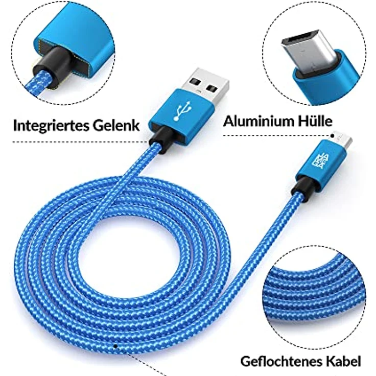 JAMEGA – 2m Premium Micro USB Kabel | Nylon geflochtenes USB Ladekabel Datenkabel für Micro USB Geräte kompatibel mit Samsung, HTC, Huawei, Sony, Nokia, Kindle, PS4 XBOX Controller – Blau – Bild 4