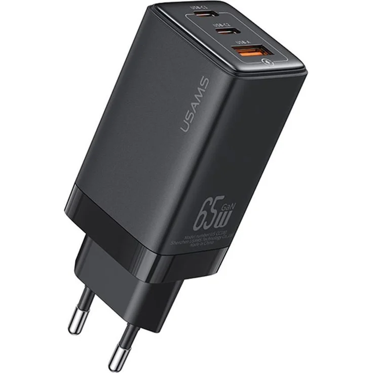 Usams US-CC180 65W GaN Schnellladegerät, 3 Ports USB Charger, Schwarz
