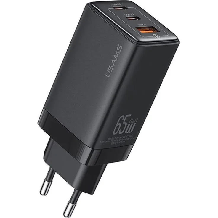 Usams US-CC180 65W GaN Schnellladegerät, 3 Ports USB Charger, Schwarz