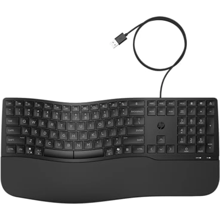 HP 480 Comfort Tastatur, kabelgebunden, ergonomisch mit leisen Tasten, Handballenauflage, 23 programmierbaren Tasten, USB-A, QWERTZ Layout, kompatibel mit Windows/macOS/ChromeOS, Schwarz – Bild 1