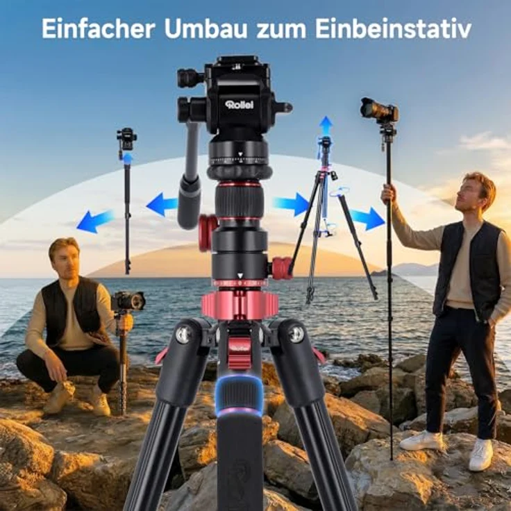Rollei Compact Traveler No.2 XL, Aluminium Video Stativ mit Fluidkopf, 212 cm höhenverstellbar, inkl. Einbeinstativ und Smartphone-Halterung – Bild 4