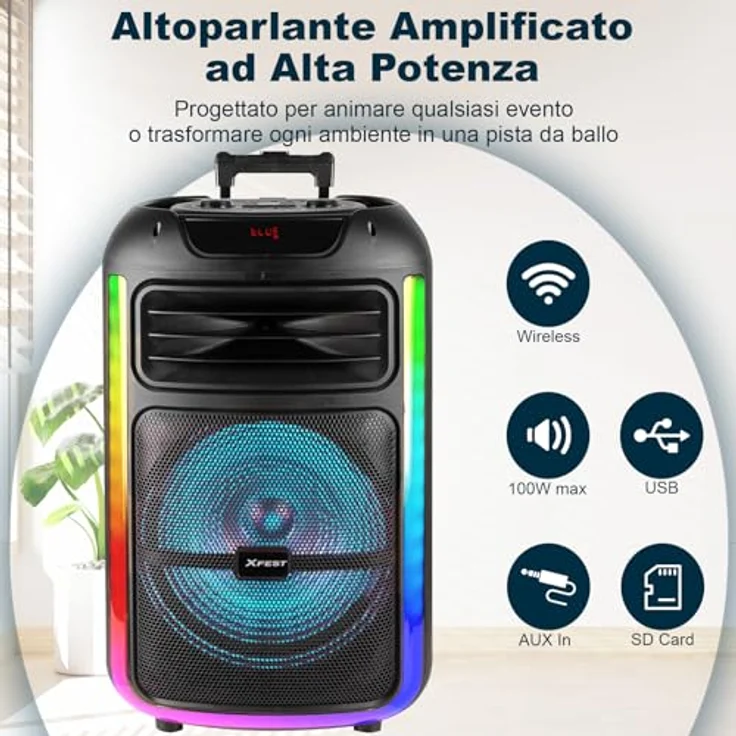 Trevi XFest XF 1400 KB, tragbarer 100 W Wireless Speaker mit Mikrofon, USB, Micro SD, AUX-IN, Guitar, TWS-Funktion, LED-Beleuchtung und wiederaufladbarem Akku – Bild 2