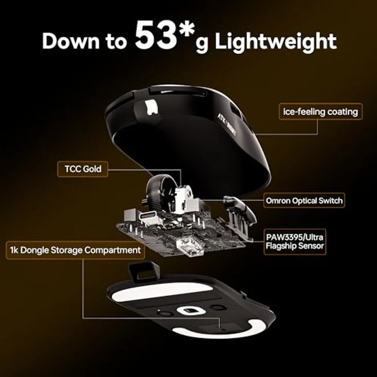 ATK Dragonfly A9 Plus, Wireless Gaming Maus mit PAW3950 Ultra Sensor, bis zu 42000 dpi, 8K Abfrage, Ice Feeling Beschichtung und Trimode Konnektivität, leicht (53-57g) – Bild 3