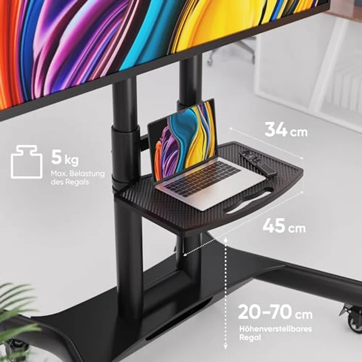 ONKRON TV Ständer rollbar für 40-70 Zoll Schwarz - höhenverstellbar max 600x400 VESA - TV Wagen mit Ablage und Rollen bis 45,5 kg – Bild 5
