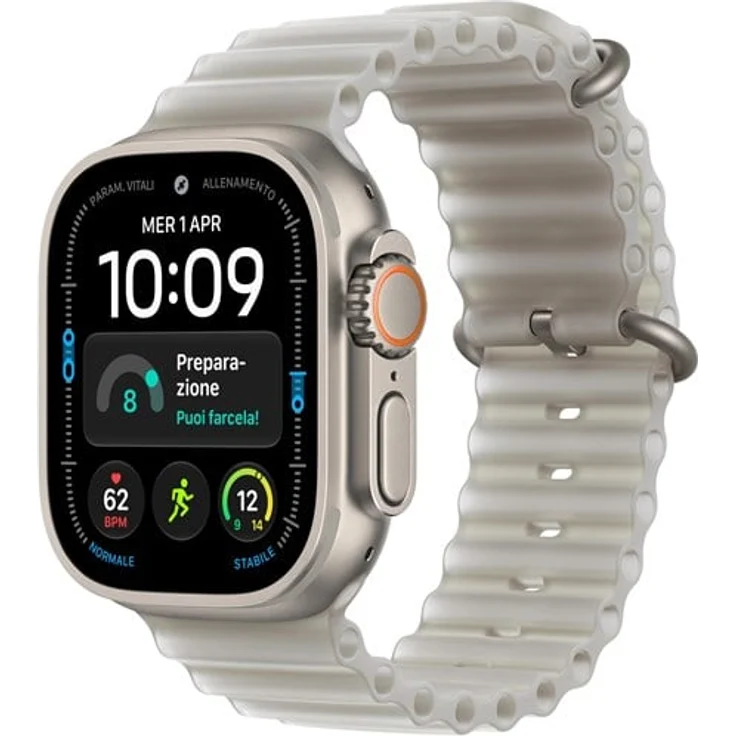 Apple Watch Ultra 4, GPS + Cellular, 49mm, Gehäuse aus reinem Titan, mit durchscheinendem grauen Ozeanband, OLED Touchscreen 422 x 514 Pixel, 5G, WLAN, GPS