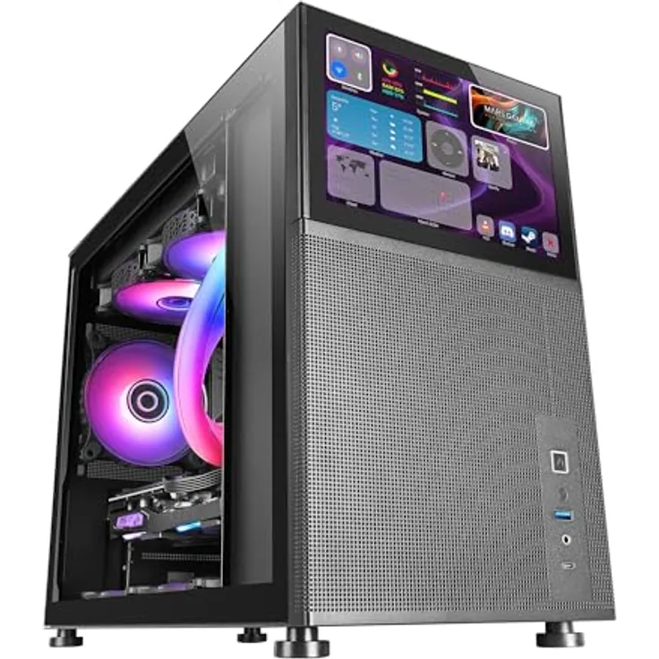 Mars Gaming MC-LCD, Mini-Tower PC-Gehäuse mit 8" IPS LCD-Display, Mesh-Gitter und gehärtetem Glas, Schwarz
