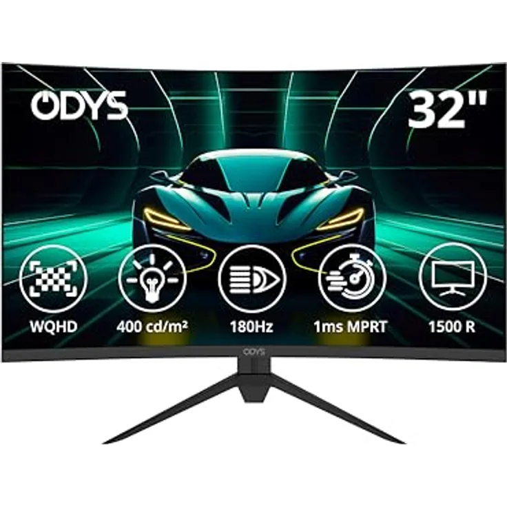 Odys XP32 PRO-X - Curved Gaming Monitor 32 Zoll (80 cm), WQHD, 180 Hz, 1 ms Reaktionszeit (MPRT), HDR, 1500R, FreeSync/G-Sync, Eye Care, HDMI, Display Port, 3,5mm Audio