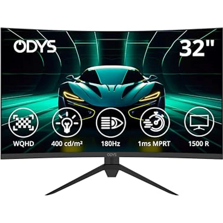 Odys XP32 PRO-X - Curved Gaming Monitor 32 Zoll (80 cm), WQHD, 180 Hz, 1 ms Reaktionszeit (MPRT), HDR, 1500R, FreeSync/G-Sync, Eye Care, HDMI, Display Port, 3,5mm Audio – Bild 1