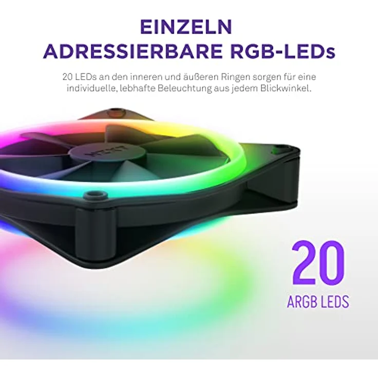 NZXT F120 RGB Duo - 120mm doppelseitiger RGB-Lüfter – 20 einzeln adressierbare LEDs – Ausgeglichener Airflow und statischer Druck – Fluid Dynamic Bearing – PWM Control – Schwarz – Bild 3