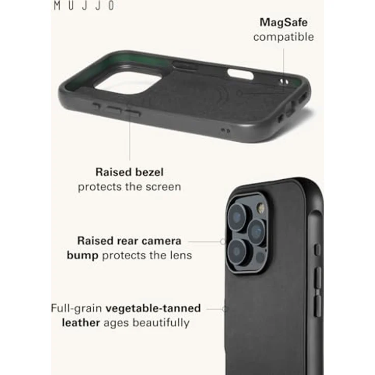 Mujjo Leather Shield Case iPhone 16 Pro Schwarz - Ultimative Schlagfestigkeit, Premium Velore Leder, MagSafe kompatibel – Bild 2