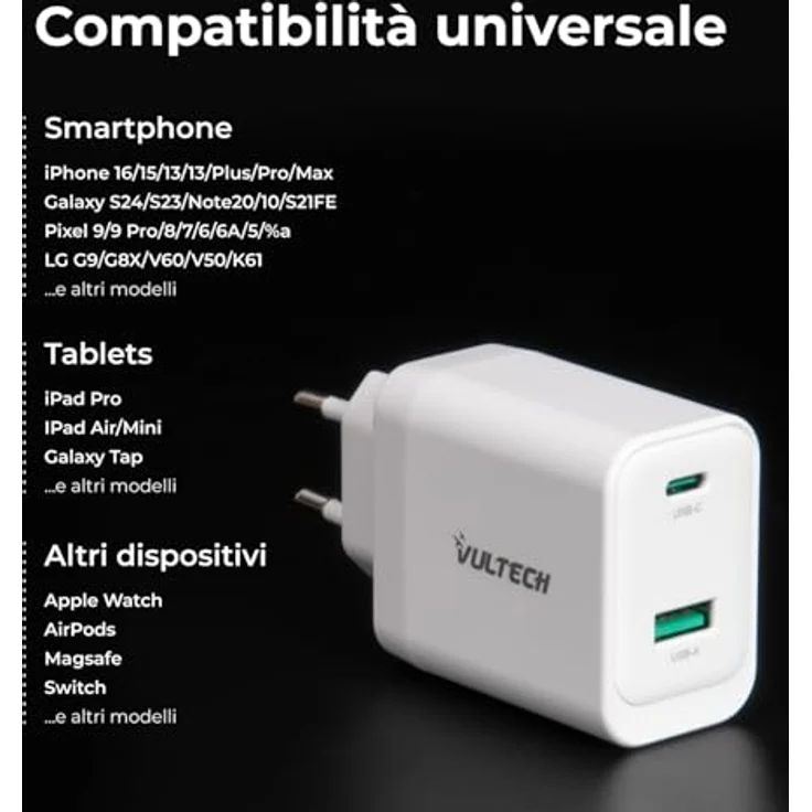 Vultech CC45-1C1A, Universelles Typ-C Ladegerät Weiß mit QC3.0, PD, PPS, 45W Quick Charge für gleichzeitiges Laden – Bild 7