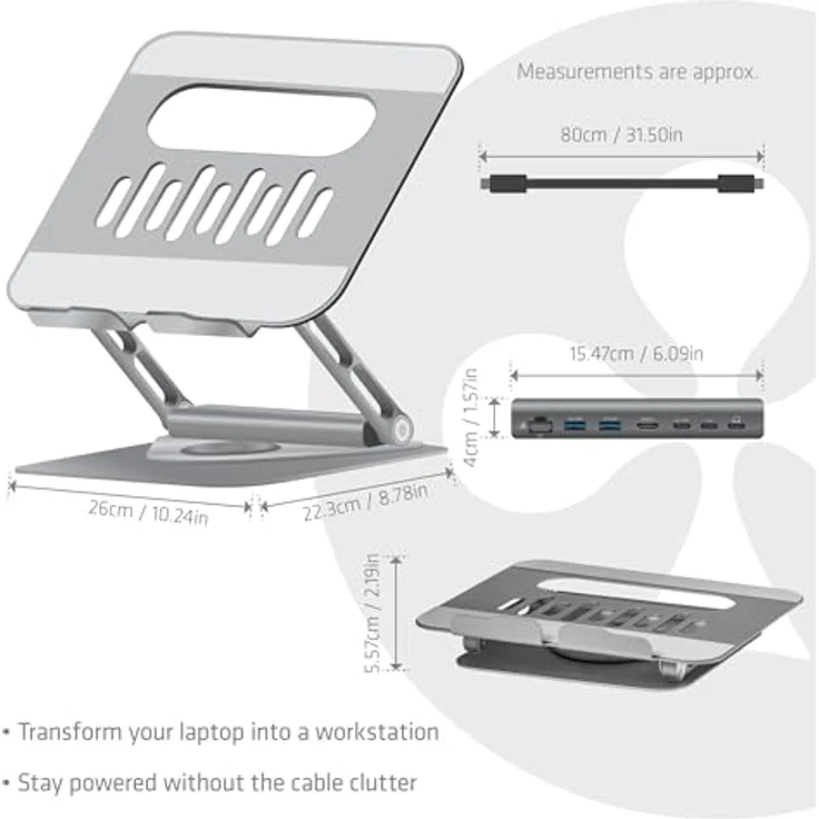 Club3D CSV-2554, Verstellbarer Aluminium-Laptop-Ständer mit USB-C® Hub und 360° Drehung, silber – Bild 4