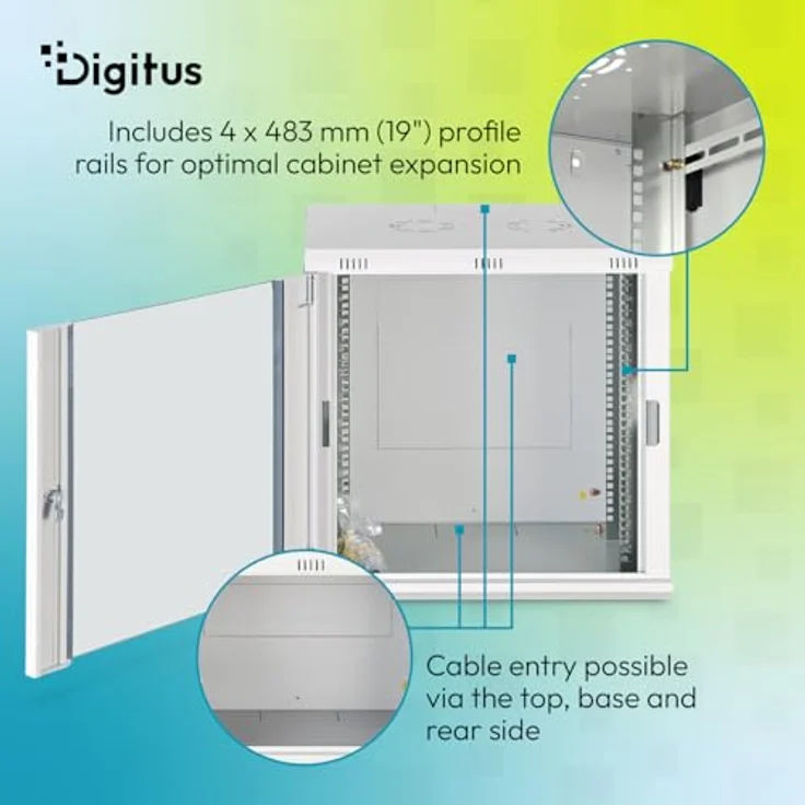 DIGITUS 19-Zoll Netzwerkschrank Dynamic-N, 12HE, unmontiert, Wandmontage, 450 mm tief, 60 kg Traglast, mit abschließbarer Glastür, grau – Bild 5