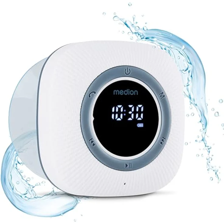 MEDION P66096 Duschradio mit Bluetooth (Badradio, UKW Radio, Saugnapf, LED-Display, IPX6 Wasserdicht, integrierter Akku, MD43884) weiß – Bild 1