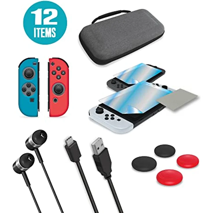 Armor3 Travel Kit 12 in 1 Accessory Bundle für Nintendo Switch und Switch OLED, Gaming Controller mit Reiseschutzhülle, Silikonhüllen, Displayschutzfolien, Mehrfarbig – Bild 3