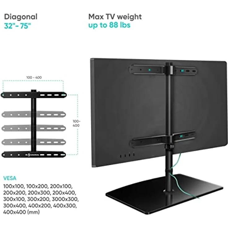 ONKRON Designed to Support [PT3] TV Ständer schwenkbar, höhenverstellbar für 32-75 Zoll Flach&Curved Bildschirme, Tischständer, bis zu 40 kg, VESA 400x400, Schwarz, PT3-B – Bild 2