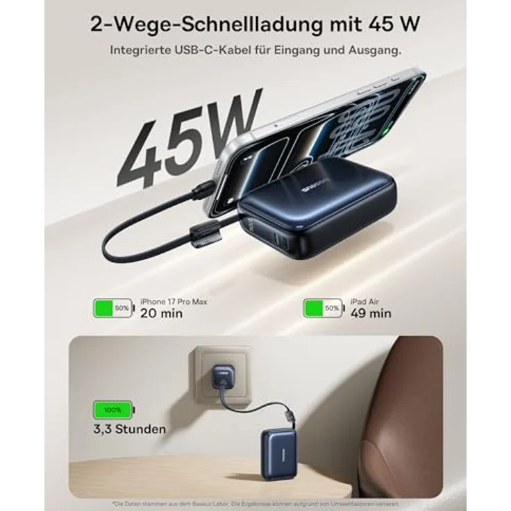 Baseus AC22 Mini Powerbank 20000mAh, 45W PD Power Bank mit integriertem USB-C Kabel, tragbarer externer Handyakku für iPhone 17/16/15, Samsung S26/S25 Ultra, iPad, Pixel 10/9 – Bild 2