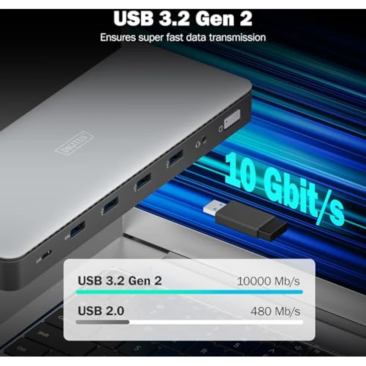 DIGITUS USB-C Docking Station - 13-Ports - 3X HDMI, 2X Displayport UltraHD 4k/60Hz - 1x USB-A 3.2 Gen2, 1x USB-C 3.2 Gen2, 3X USB-A 3.2 Gen1-1x 2,5G RJ45-1x 3,5mm Audio - Grau – Bild 4