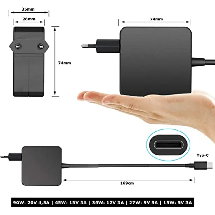 Bolwins B28CS USB-C Netzteil 90W PD Laptop Ladegerät – Universell für 20V, 15V, 12V, 9V, 5V – Kompatibel mit Pro Air 2018, HP, Dell, Lenovo, Smartphones – Leicht und Tragbar – Bild 4