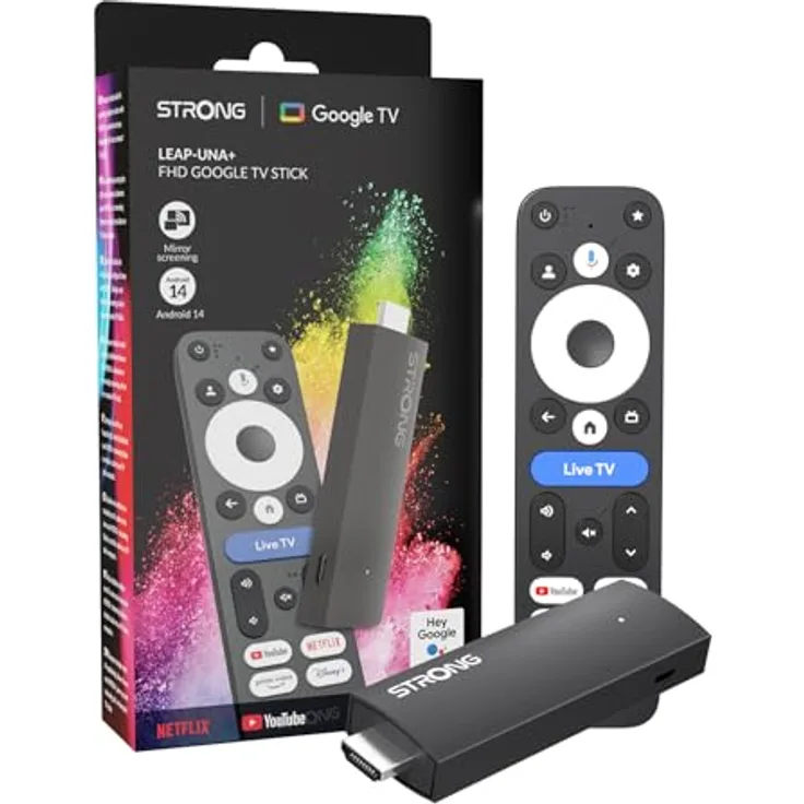 STRONG LEAP-UNA+ TV Stick, Streaming Device mit Android 14, 8GB Speicher, HDR10+, HLG, Bluetooth 5 und Sprachsteuerung für FHD Smart TV Upgrade