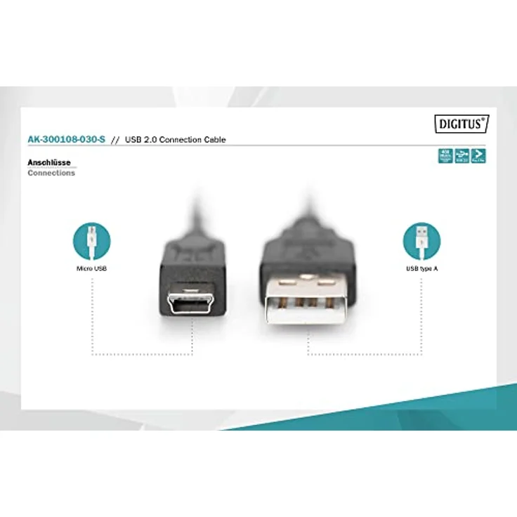 DIGITUS USB 2.0 Anschluss-Kabel - 3m - Verbindungs-Kabel von USB A auf mini USB B (5-Pin) - High-Speed 480 MBit-s – Bild 3