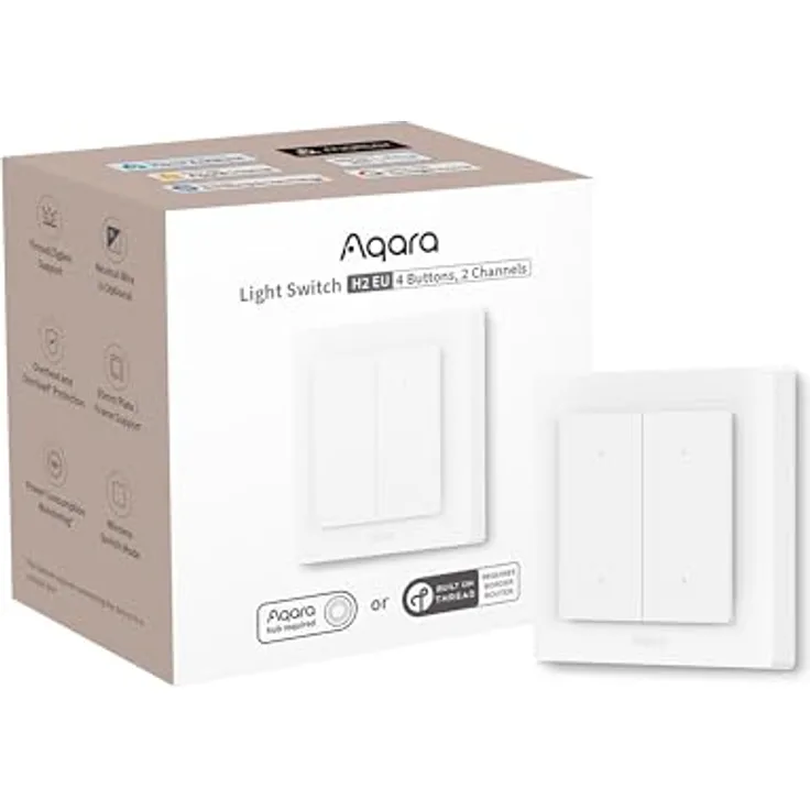 Aqara Lichtschalter H2 EU, Smarter 2-in-1 Wandschalter mit 4 Tasten, Neutral-Kompatibilität, Thread/Zigbee, unterstützt Apple Home, Alexa, Google Home, integriert in Matter über Thread