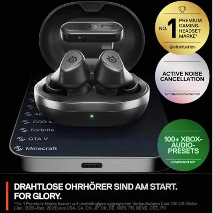 SteelSeries Arctis GameBuds für Xbox – Wireless In Ear Gaming Kopfhörer – ANC/Transparenzmodus – Wasserbeständig IP55 – 40H Batterie – Drahtloses Laden - Xbox, PS5, PC, Switch, Mobil – Bild 3