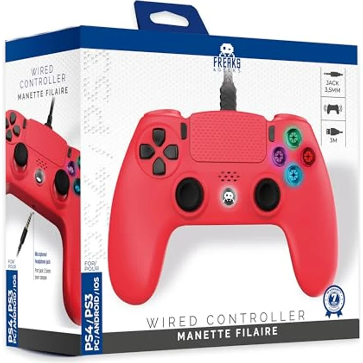 Trade Invaders Freaks And Geeks, Kabelgebundener Controller für PS4 mit 3M Kabel, Rot – Doppelte Vibration, 3,5mm Klinke, LED-beleuchtete Tasten – Bild 1