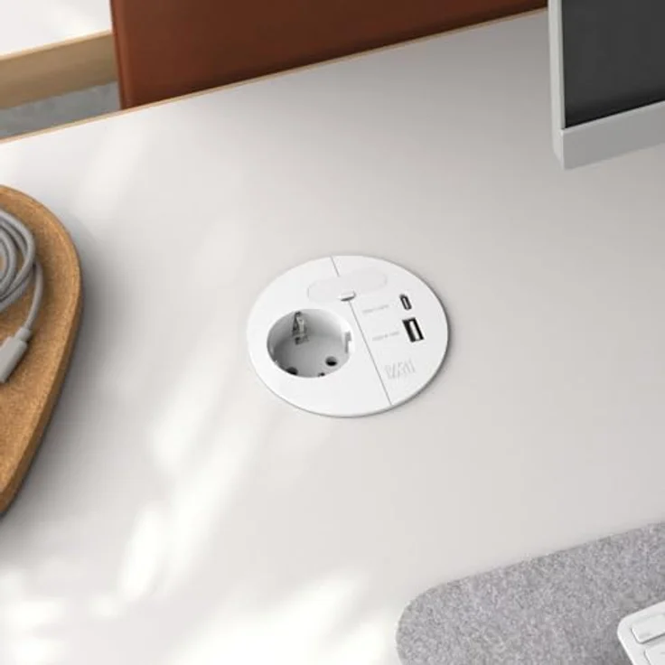 BACHMANN Einbausteckdose Loop IN Charge 1x Steckdose 1x USB A/C 22W mit Kabeldurchführung 2m Zuleitung für Büro, Besprechungsraum und Wohnraum in Weiß – Bild 2