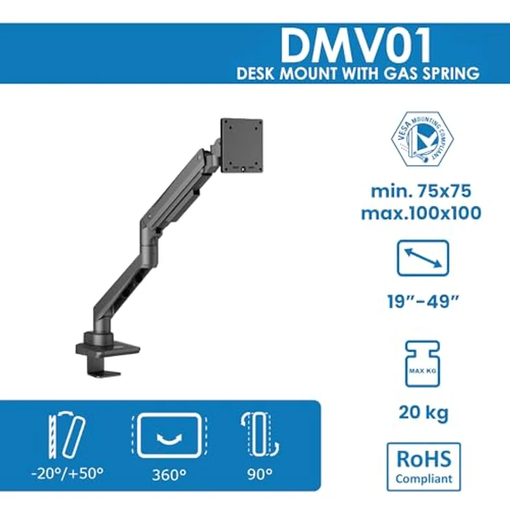 Edbak EDBAK Monitor Halterung mit Gasfeder für 19-49 Zoll Bildschirm, VESA 75/100mm, Neigbar, Schwenkbar, Drehbar, Ergonomischer Bildschirmhalterung - Halterung hält bis zu 20 kg – Bild 2