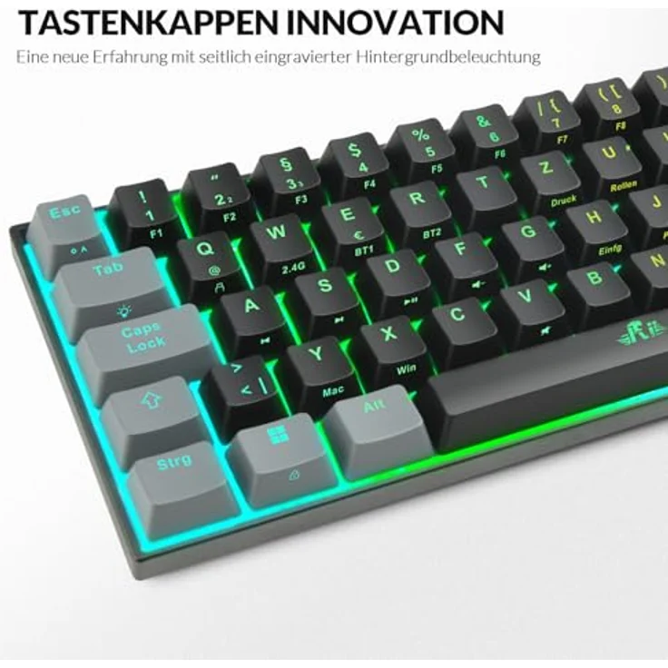 Rii Mechanische Gaming Tastatur, 60% Kabellos mit RGB Beleuchtung, Rote Schalter und N-Key Rollover für PC/Laptop/PS4/PS5, QWERTZ, Schwarz Grau (Bluetooth/2.4G/Kabel) – Bild 3
