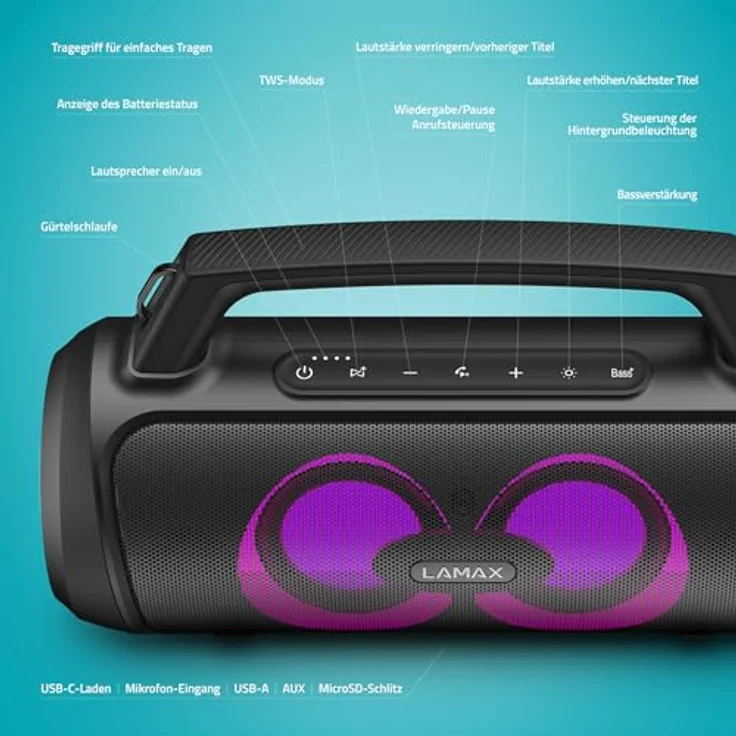 Lamax PartyGo1 Bluetooth-Partylautsprecher mit 100 W Leistung, LED-Hintergrundbeleuchtung und 20 Stunden Akkulaufzeit, wasserdicht IP67, schwarz – Bild 4