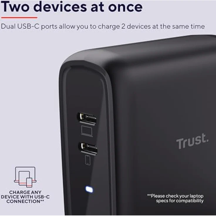 Trust Maxo USB C Ladegerät 65W, 2 USB-C-Anschlüssen, 75% Recycelten Materialien, Schnellladegerät USB-C Stecker, Netzteil für iPhone, iPad, Samsung Galaxy, Steam Deck, Smartphones - Schwarz – Bild 3