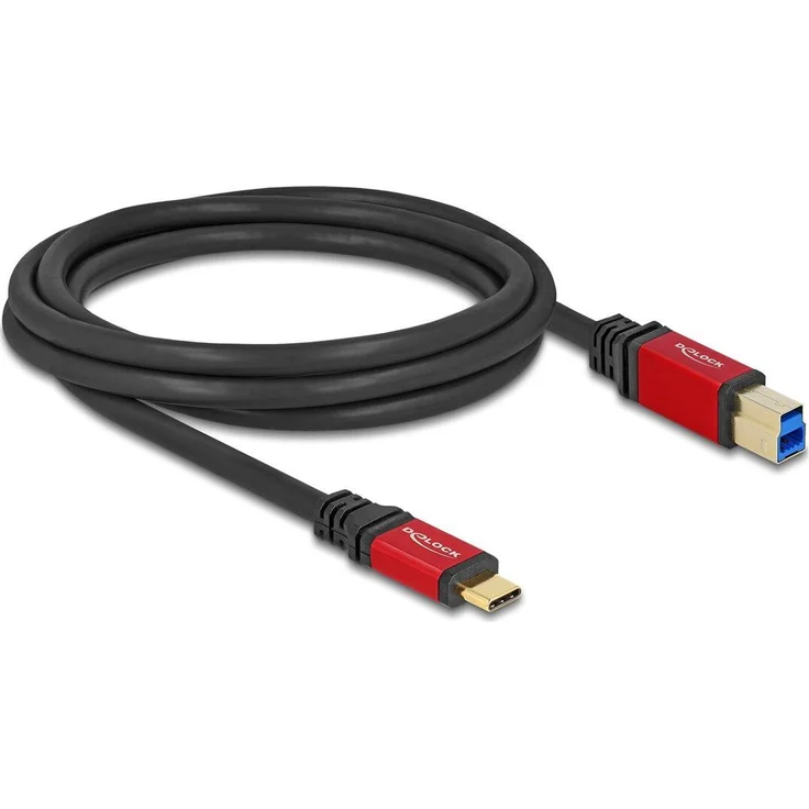 Delock USB 5 Gbps Kabel USB Type-C zu USB Typ-B, 2m, schwarz/rot, metallgehäuse, goldbeschichtete Kontakte, extrem flexibel