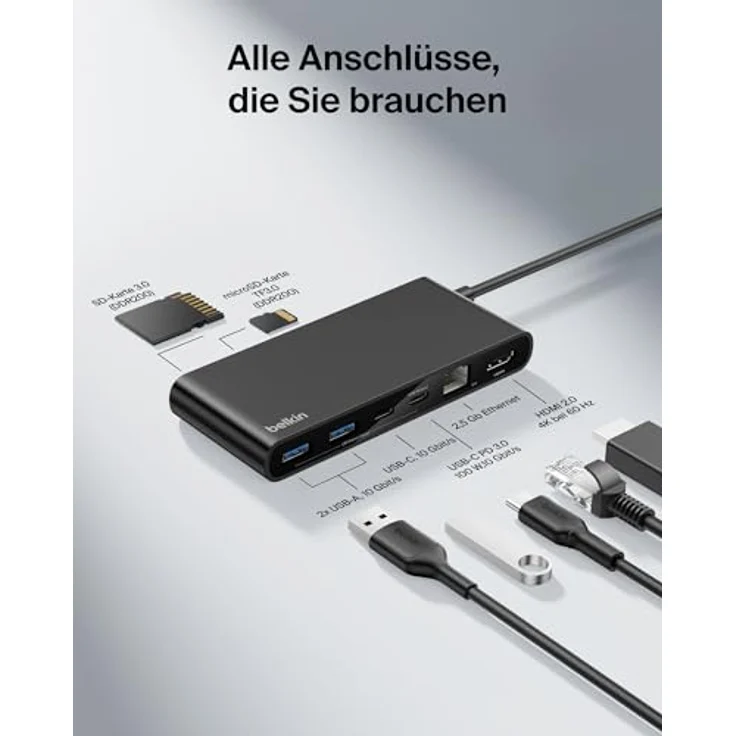 Belkin Connect 8-in-1 USB C Hub, 4K bei 60 Hz, geeignet für Mac-, Windows- und Chromebook-Laptops, 100 W PD, 10 Gbit/s Datentransfer, 2,5-Gbit/s Ethernet, schwarz – Bild 3