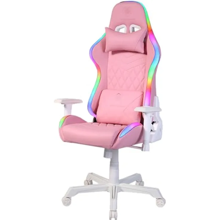 DELTACO GAMING RGB Gaming Stuhl PCH90 - Gamer Chair mit Armlehne, Rückenlehne, Kissen, Bürostuhl Stühle ergonomisch, Gaming-Stuhl RGB Beleuchtung, veganes Leder 120 Kg, (GAM-080-P) pink - rosa