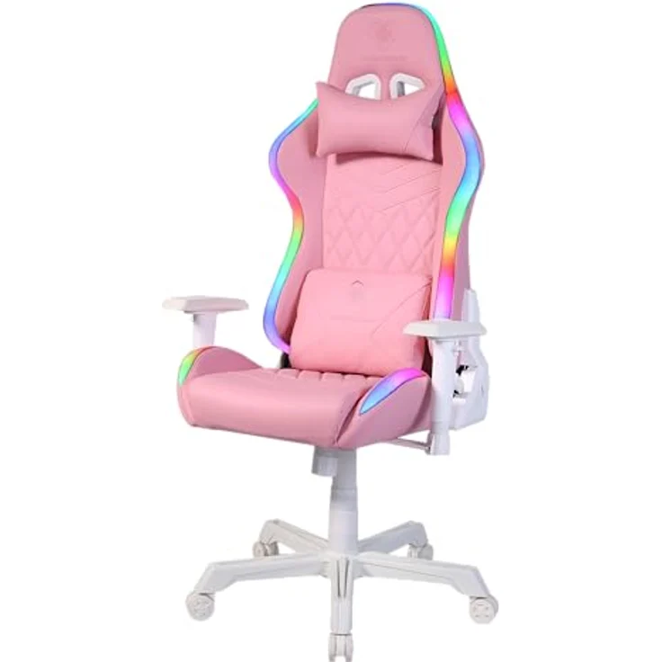 DELTACO GAMING RGB Gaming Stuhl PCH90 - Gamer Chair mit Armlehne, Rückenlehne, Kissen, Bürostuhl Stühle ergonomisch, Gaming-Stuhl RGB Beleuchtung, veganes Leder 120 Kg, (GAM-080-P) pink - rosa – Bild 1