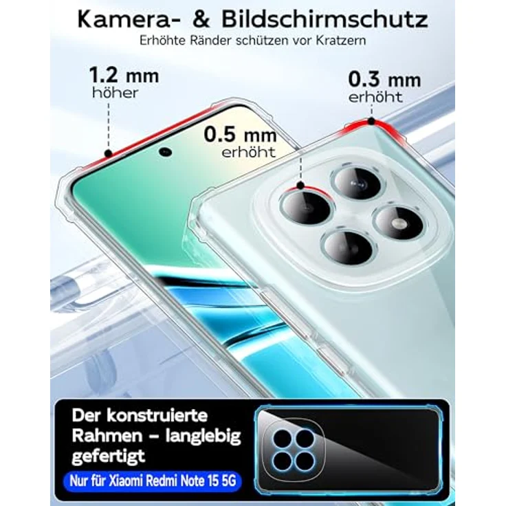 LeYi für Xiaomi Redmi Note 15 5G, Transparent TPU Silikon Hülle mit 2 Schutzfolien, Stoßfest und Kameraschutz, Crystal Clear Design – Bild 4